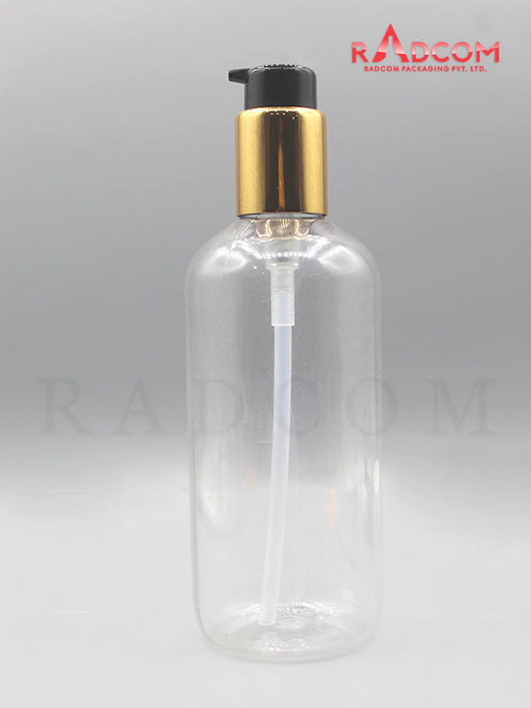 300ML Short Boston Clear Pet Bottle with Short Spout with Golden Collar - On / Off Pump